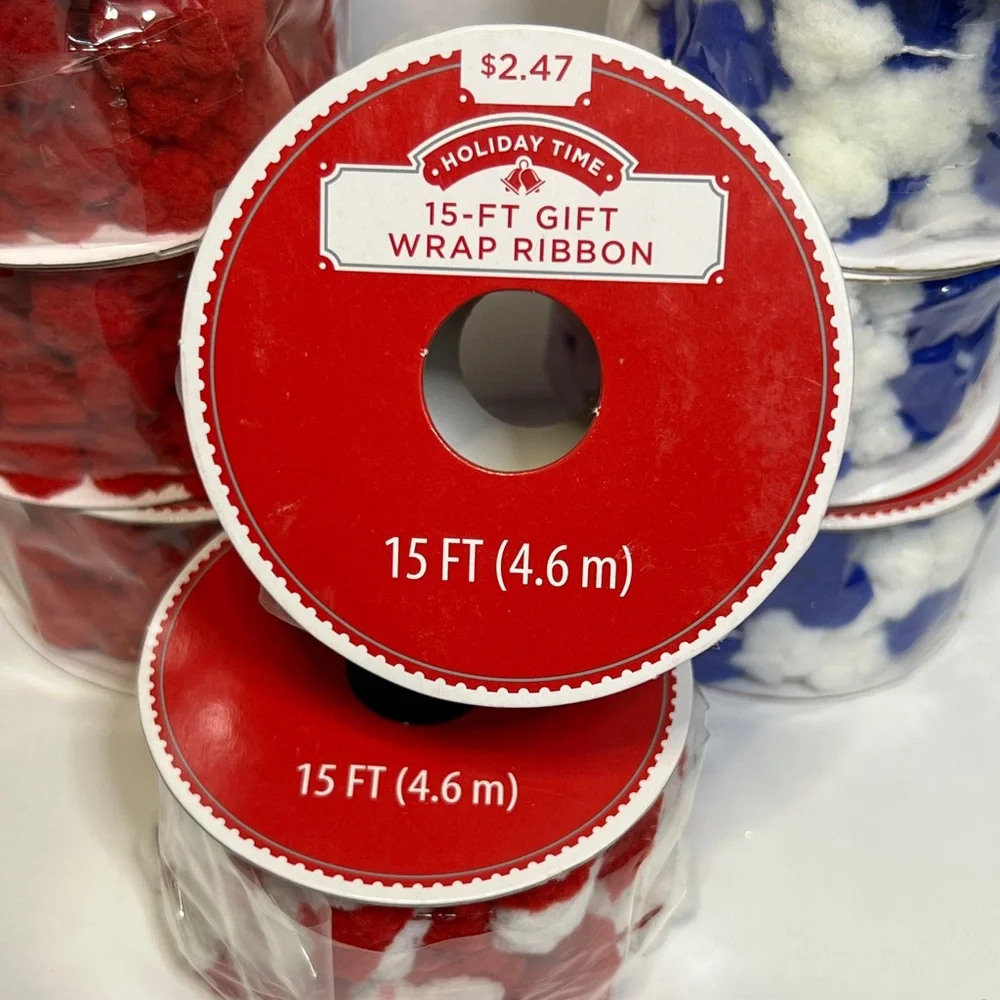NWT - Holiday Time Red, Blue and White “Pom-Pom” Gift Wrap Ribbon/Garland